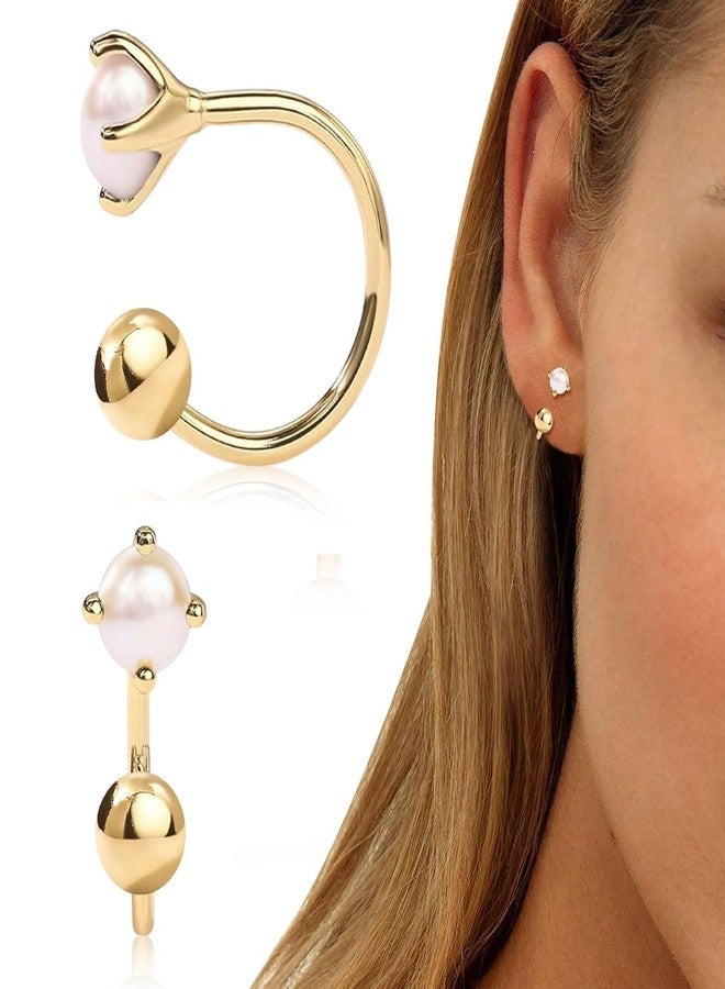 VDKIDKT 925 Sterling Silver Huggie Half Hoop Earrings with Pearl inlay for Women, 14K Gold plated Hypoallergenic Minimalist Tiny Cartilage Earring, Tiny Boho Colored Cartilage Earring - Image 1